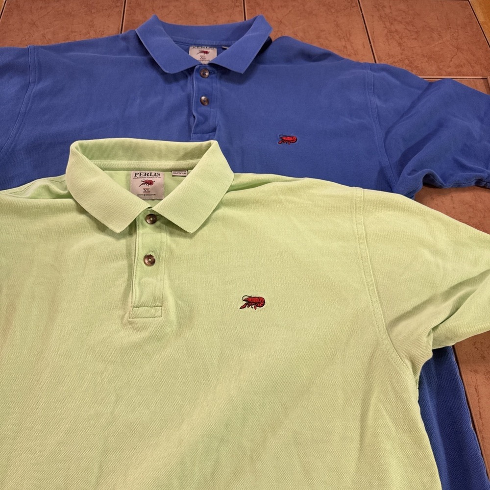 Lot Of 2 Perlis Polo Shirt Men Sz XL Crawfish Logo Pique Cotton Peru Blue‎ Green